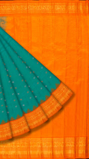 Rama Green Gadwal Silk Saree with Safron Contrast Border