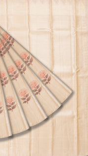 Silver Kanchipuram Saree with Floral Cross Lines