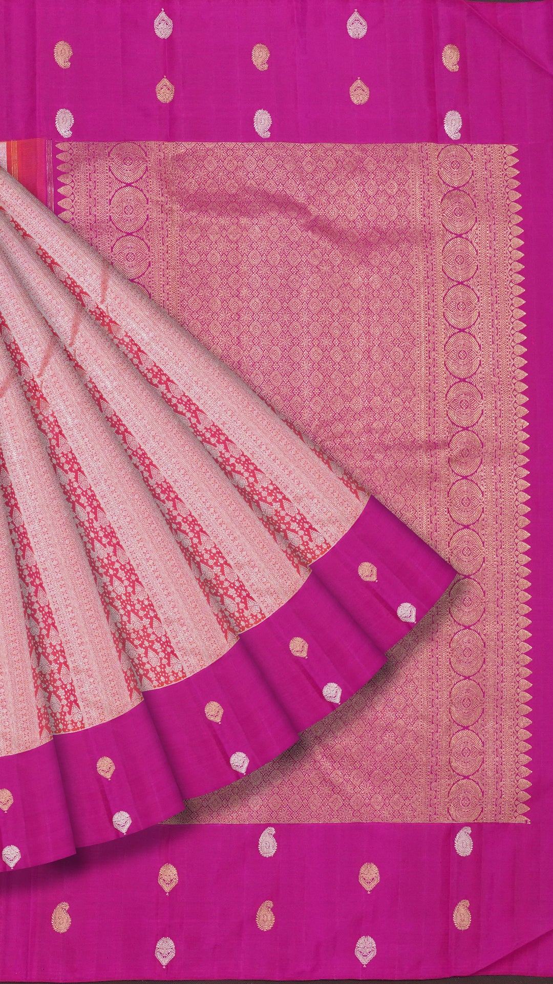 Rose Pink Kanchi Pattu Silk Saree with Large Silver Contrast Butta Border