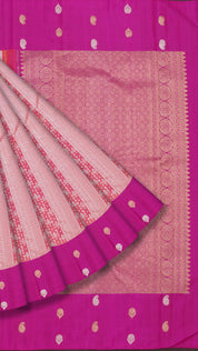 Rose Pink Kanchi Pattu Silk Saree with Large Silver Contrast Butta Border