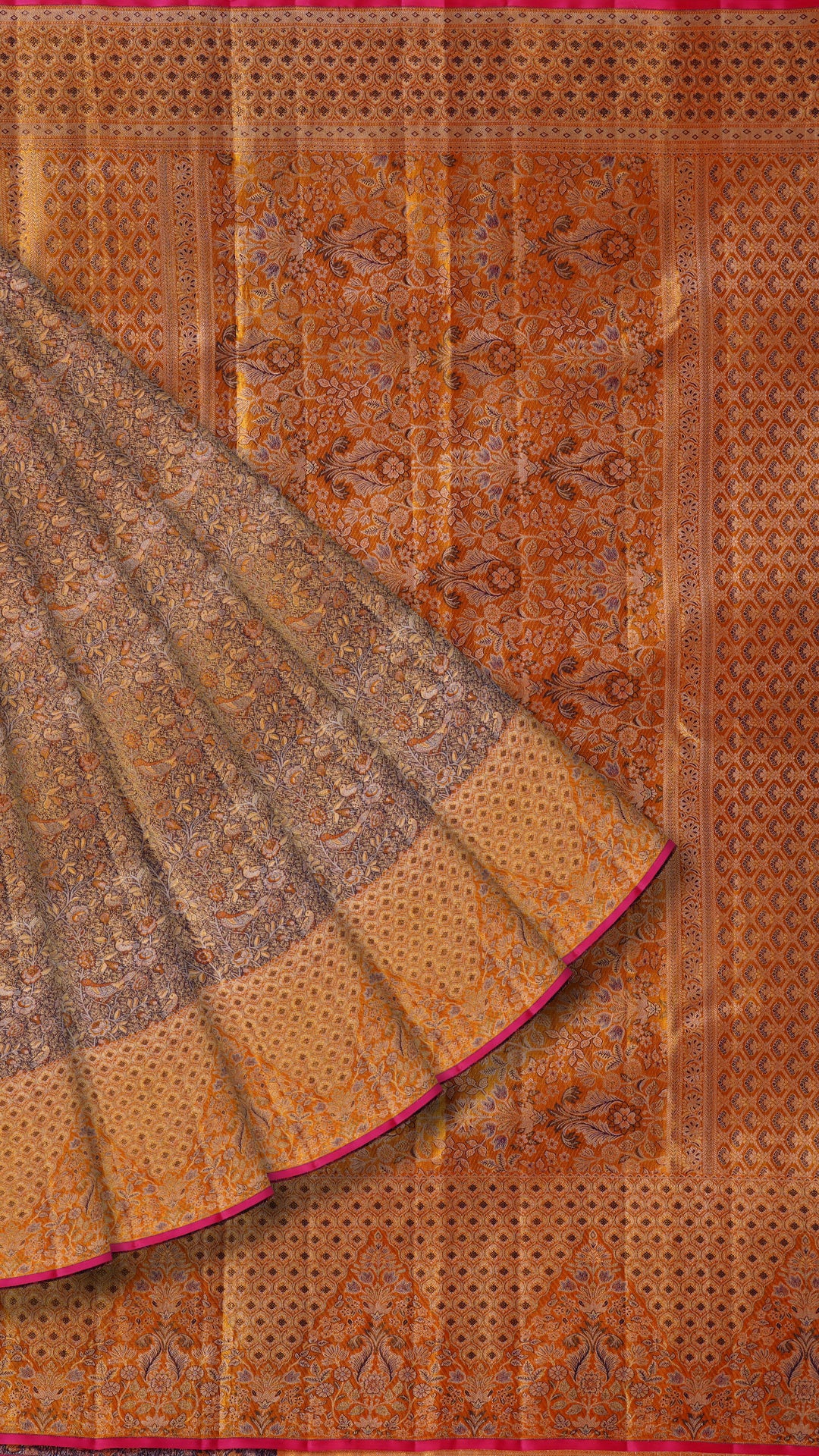 Violet Kanchi Pattu Saree with Orange Zari & Brocade Border
