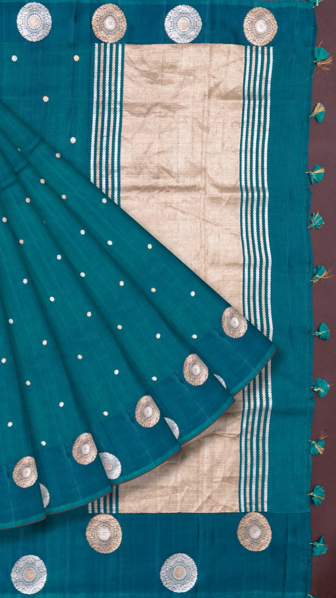 Dark Green Banaras Silk Saree with Gold & Silver Buttas