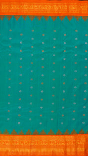 Rama Green Gadwal Silk Saree with Safron Contrast Border
