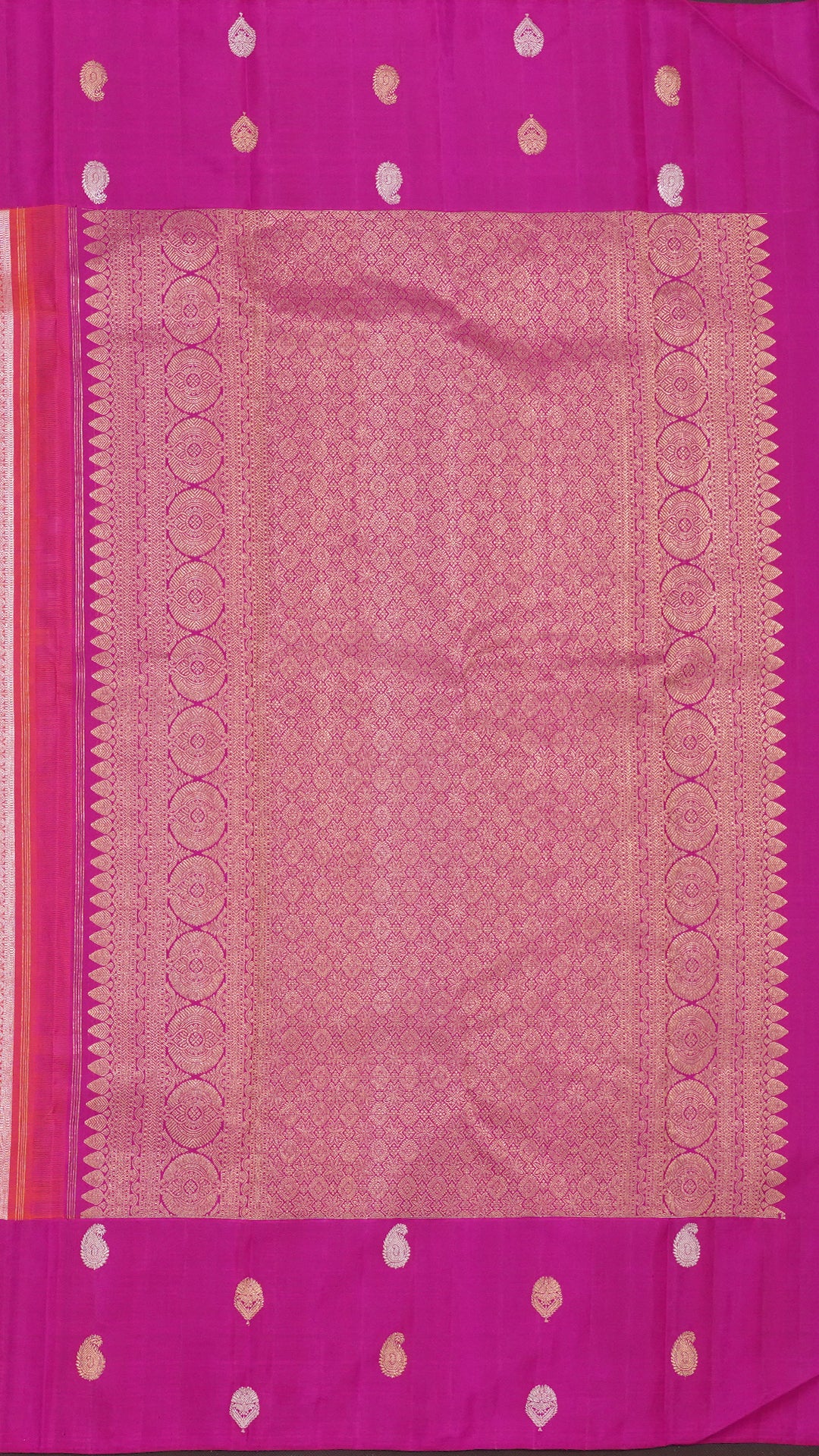 Rose Pink Kanchi Pattu Silk Saree with Large Silver Contrast Butta Border