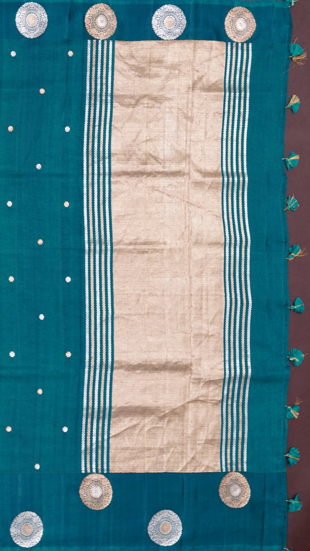 Dark Green Banaras Silk Saree with Gold & Silver Buttas
