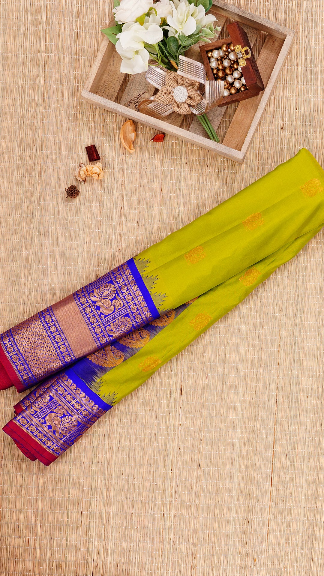 Parrot Green Gadwal Silk Saree with Royal Blue Border