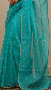 Rama Green Organza Designer Saree with Sequin Work