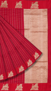 Dual-Tone Red Banaras Saree with Gold Line & Contrast Green Blouse