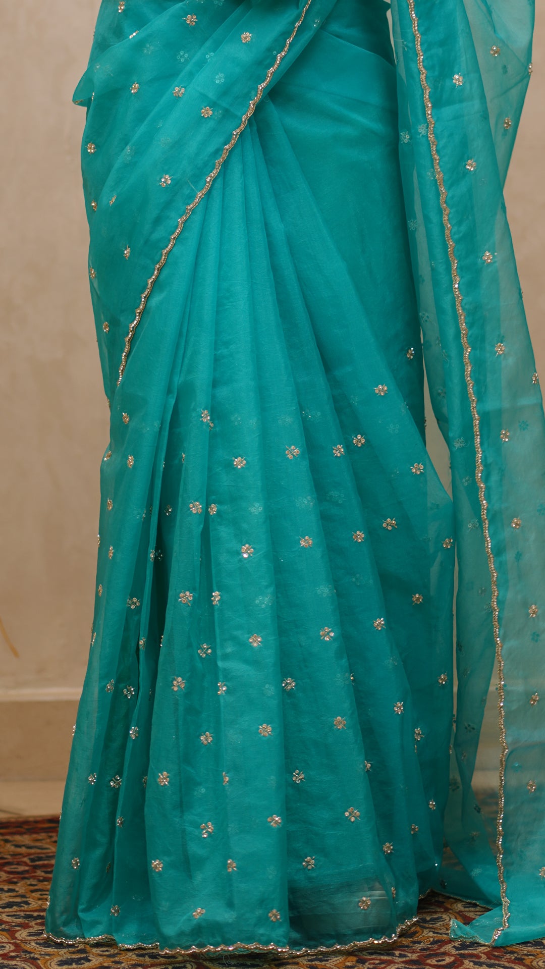 Rama Green Organza Designer Saree with Sequin Work