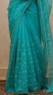 Rama Green Organza Designer Saree with Sequin Work