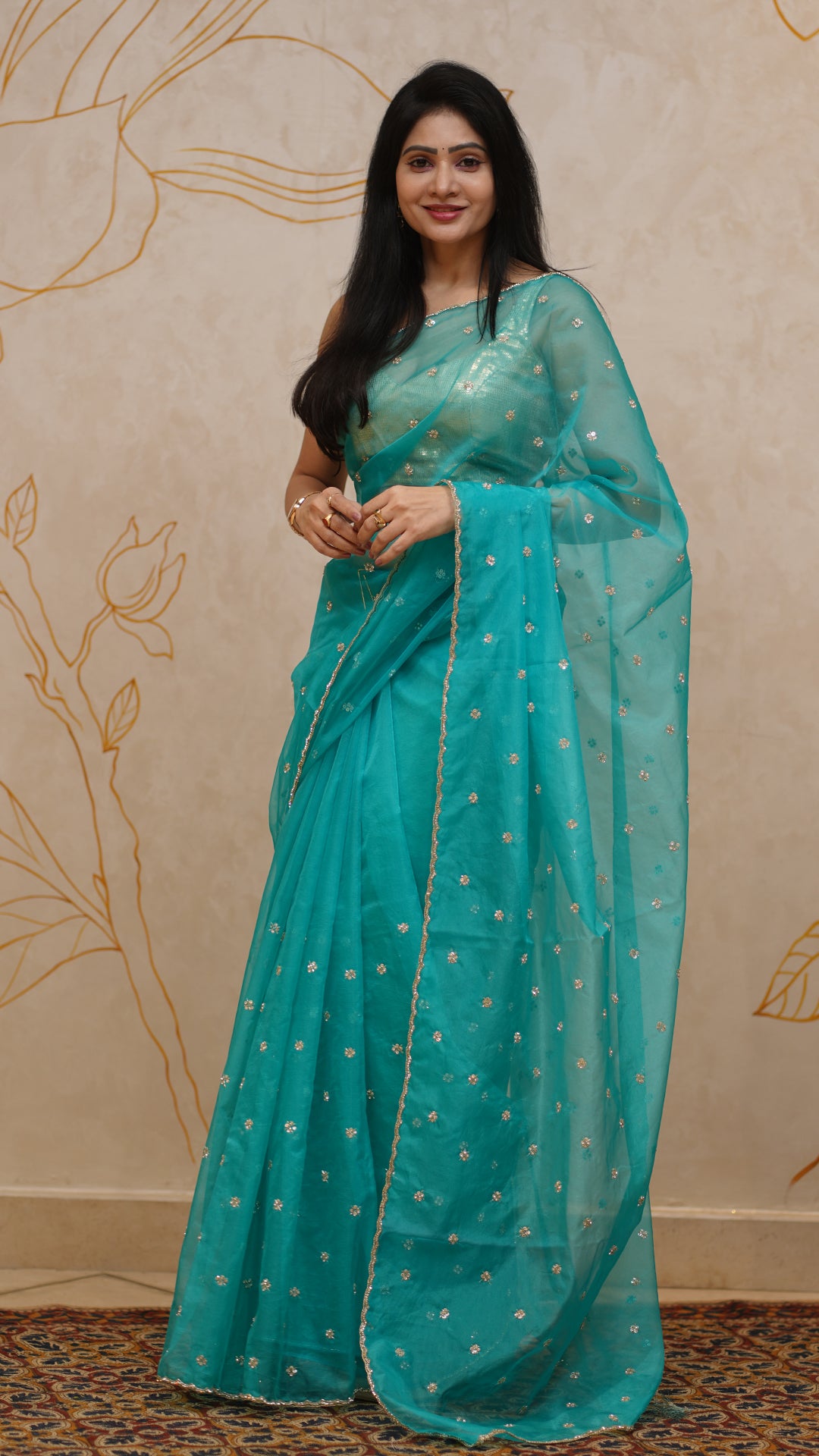 Rama Green Organza Designer Saree with Sequin Work