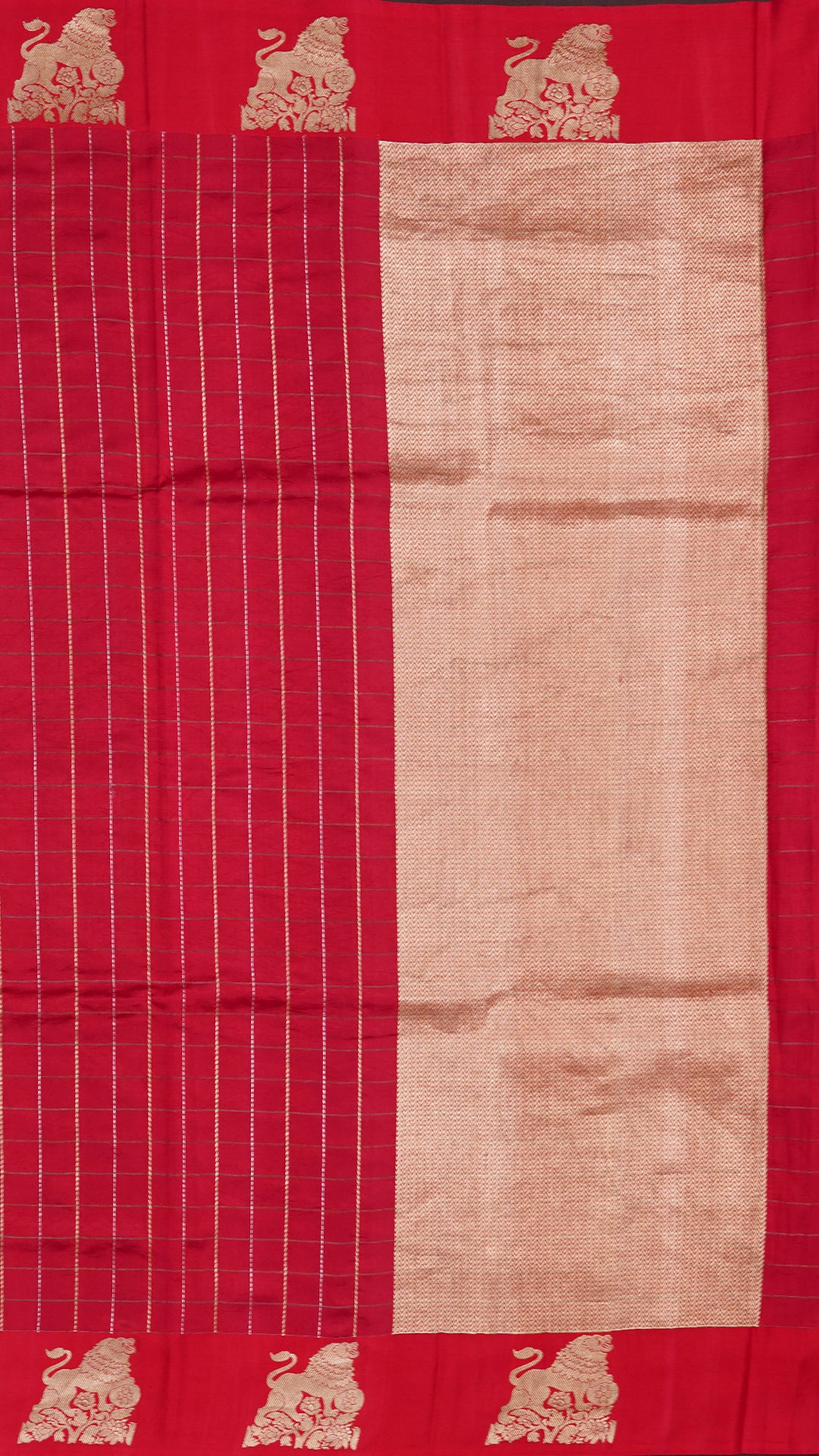 Dual-Tone Red Banaras Saree with Gold Line & Contrast Green Blouse