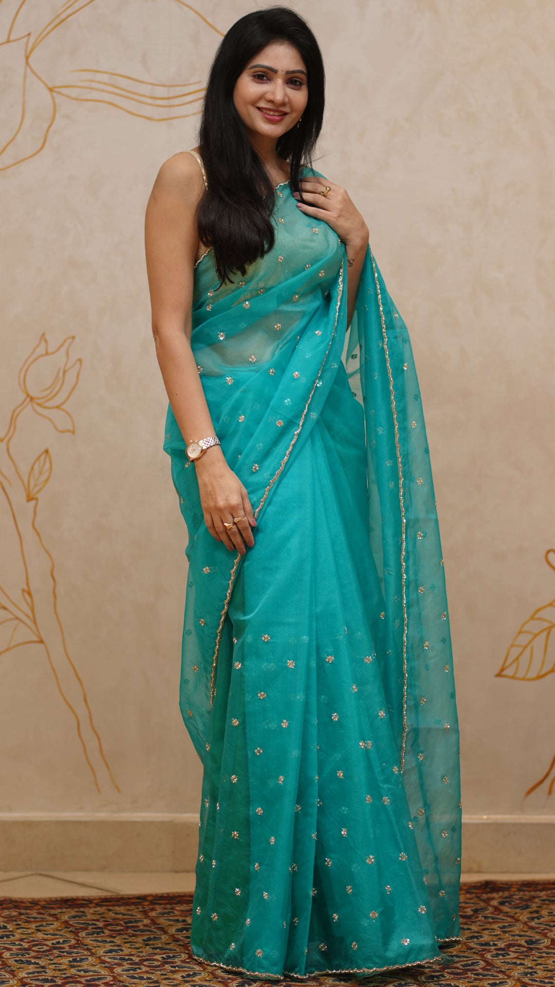 Rama Green Organza Designer Saree with Sequin Work