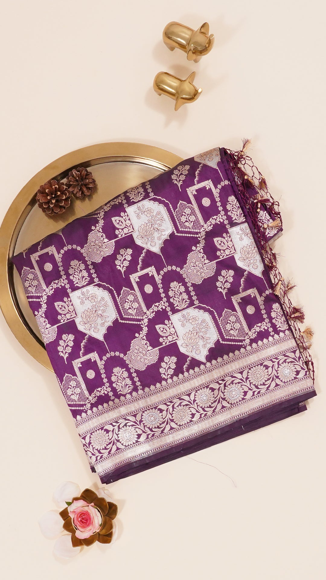 Magenta Banaras Silk Saree with Small Self Zari Border
