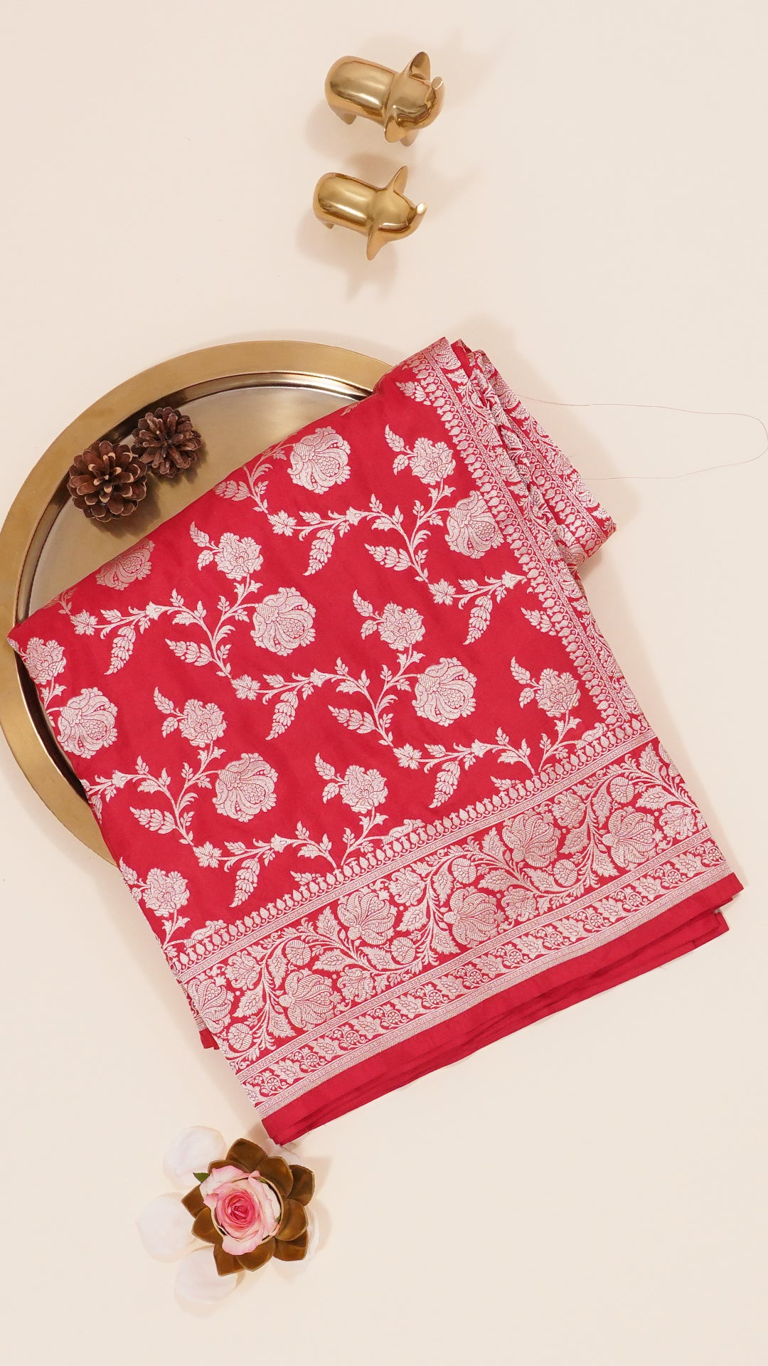 Classic Red Banaras Silk Saree with Small Red Self Zari Border