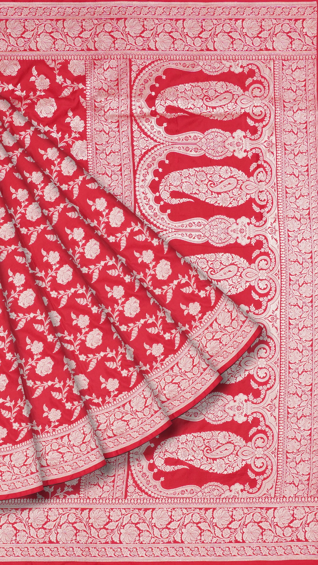 Classic Red Banaras Silk Saree with Small Red Self Zari Border