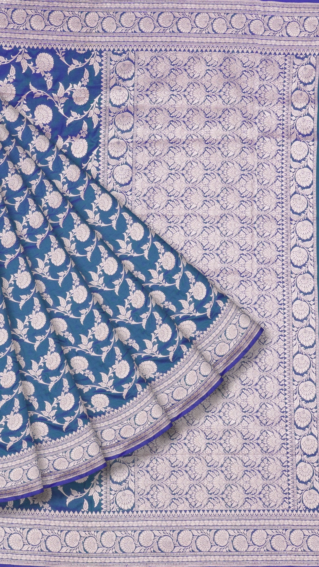 Peacock Blue Banaras Silk Saree with Small Self Zari Border