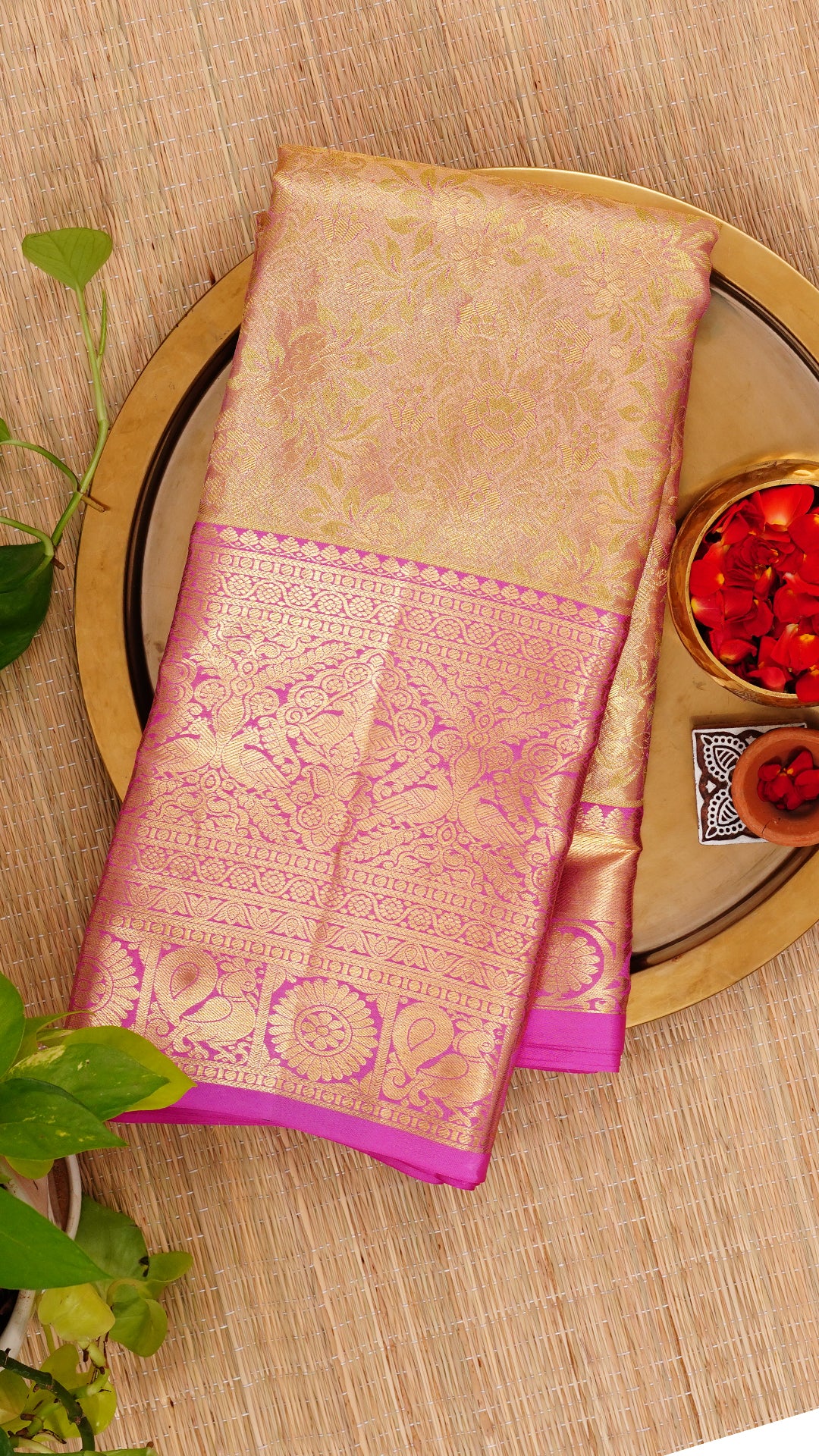 Dual Shade and Rose Pink Kanchipuram Silk Saree with Gold Zari | Self Tissue Border Saree