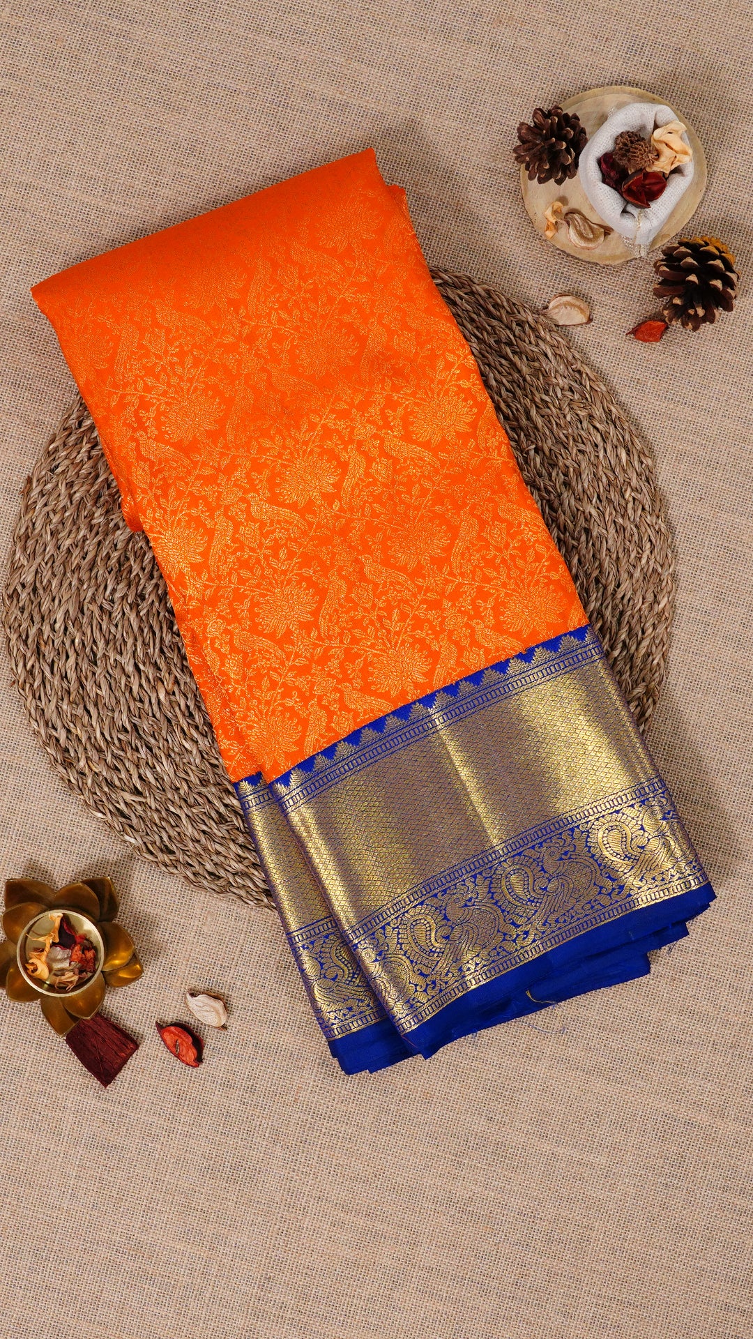 Orange Kanchipuram Silk Saree with Navy Blue Pallu