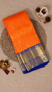 Orange Kanchipuram Silk Saree with Navy Blue Pallu