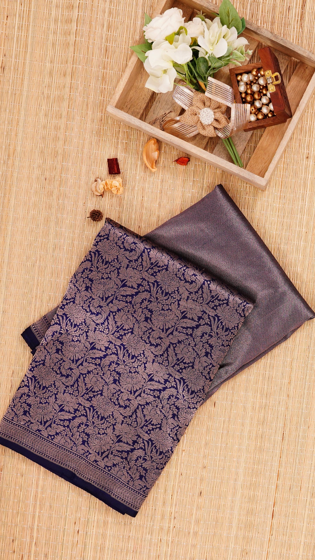 Navy Blue Banaras Saree with Half & Half Design
