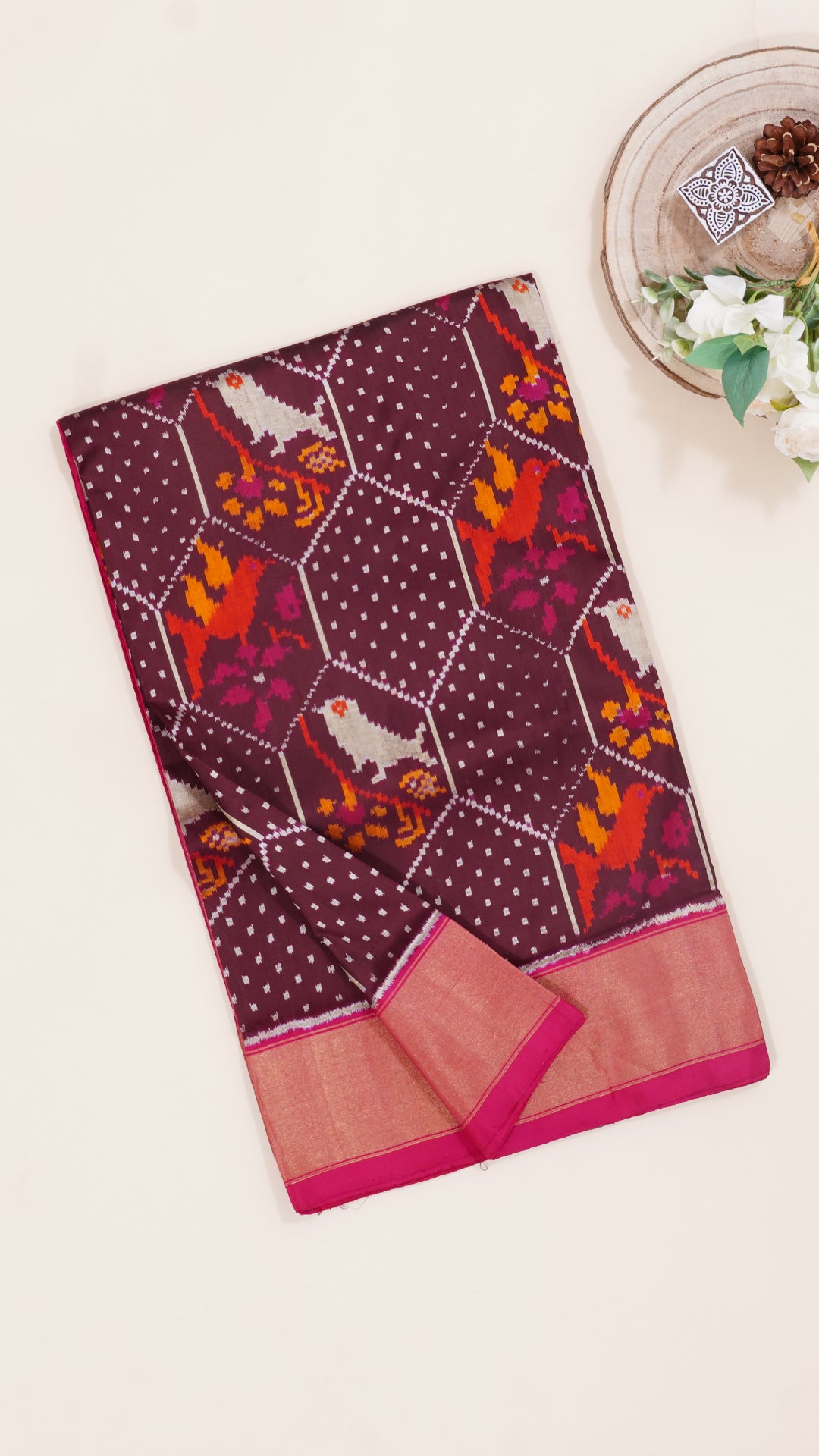 Coco Brown Ikkat Silk Saree with Pink Contrast