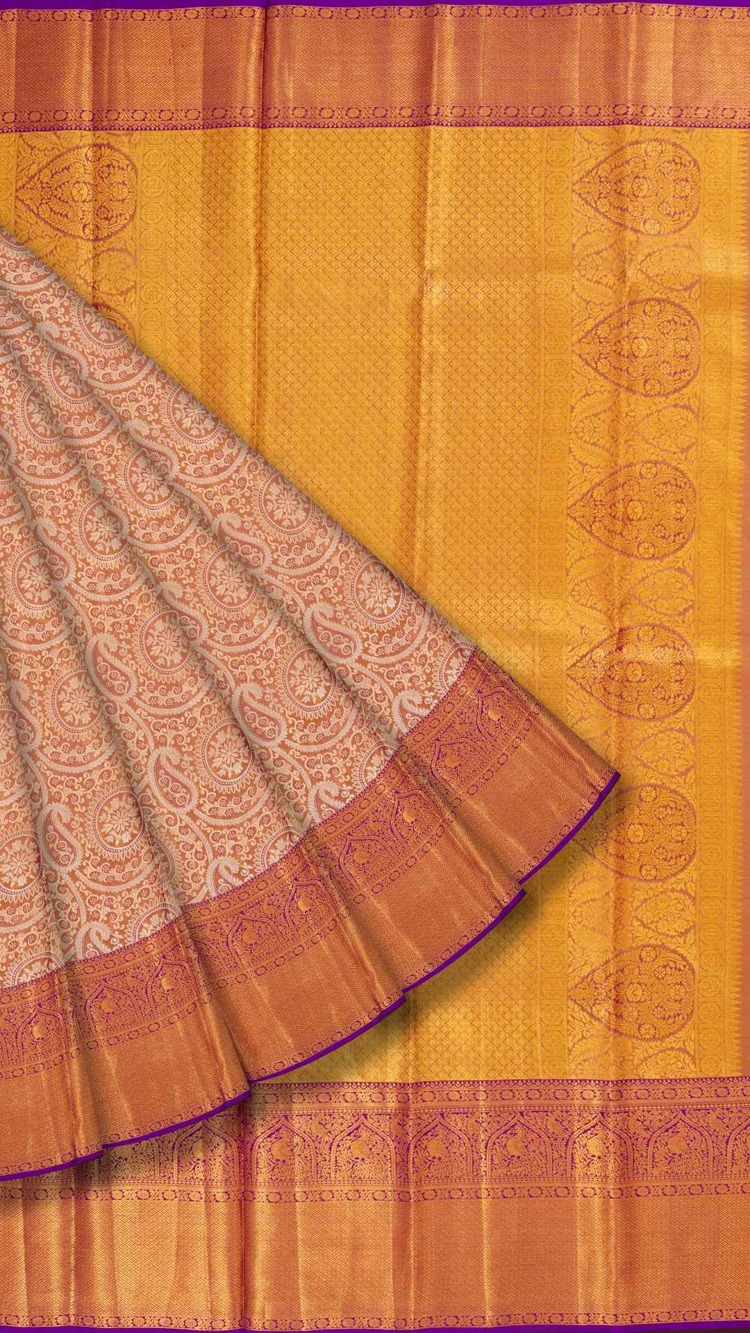 Golden Red Kanchipuram Saree with Purple Pallu