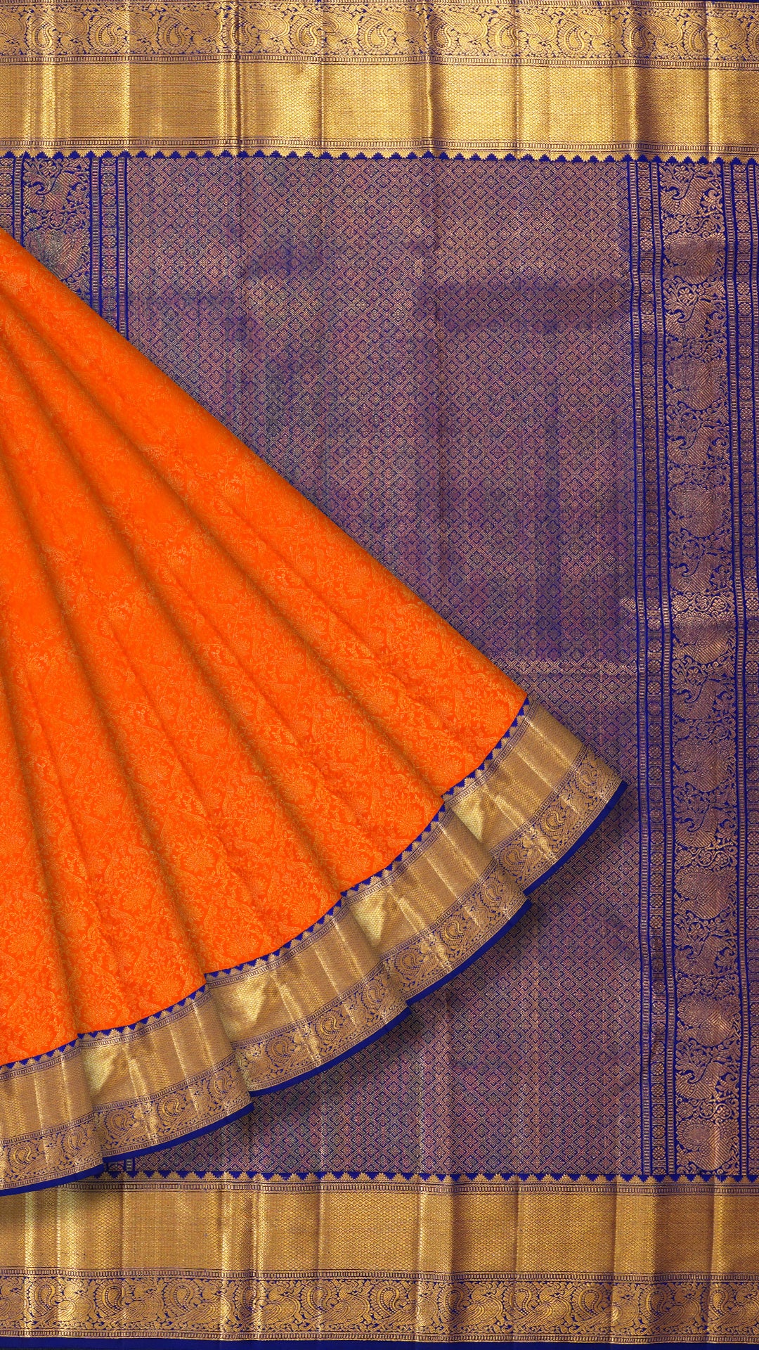 Orange Kanchipuram Silk Saree with Navy Blue Pallu