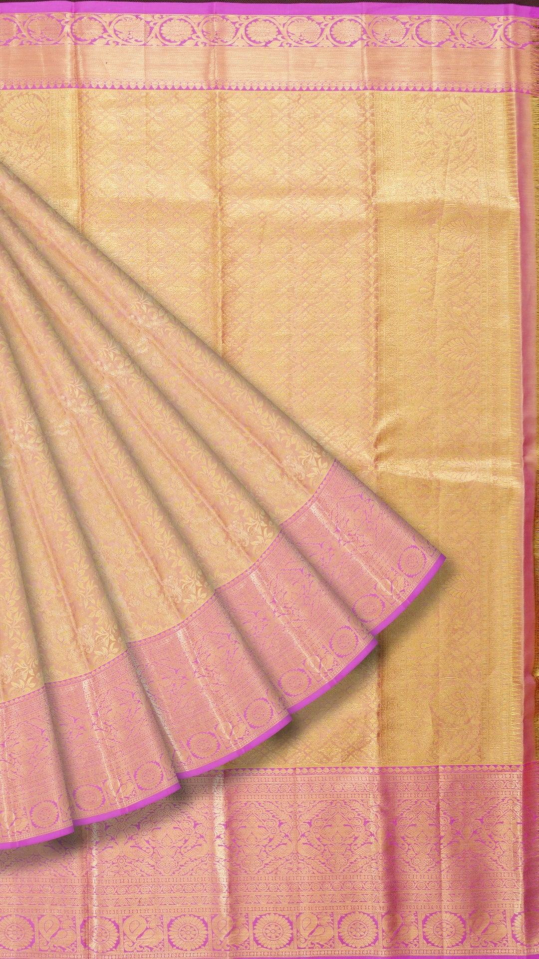 Dual Shade and Rose Pink Kanchipuram Silk Saree with Gold Zari | Self Tissue Border Saree