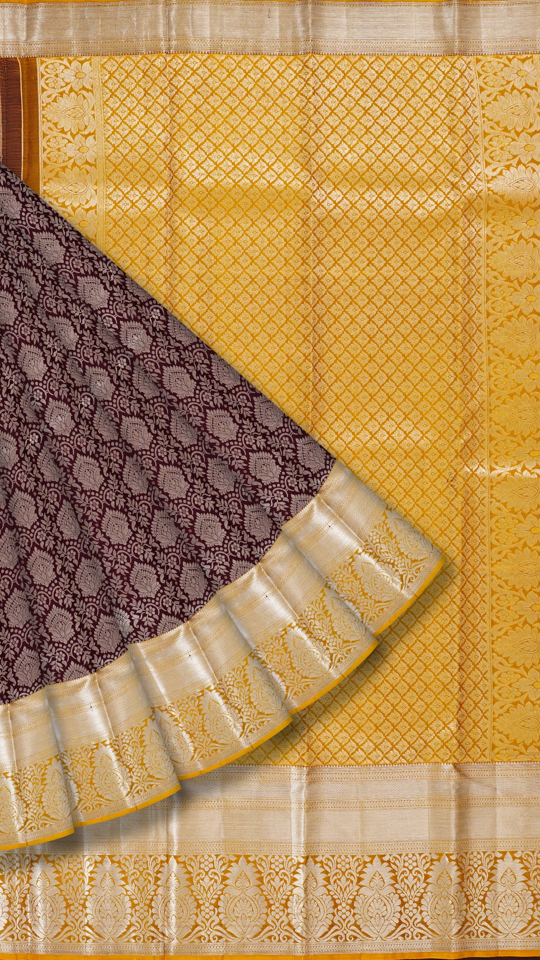 Coffee Brown and Dark Mustard Kanchipuram Silk Saree with Silver Zari Border | Elegant Kanchi Pattu Saree