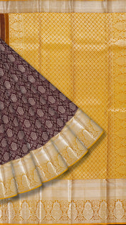 Coffee Brown and Dark Mustard Kanchipuram Silk Saree with Silver Zari Border | Elegant Kanchi Pattu Saree