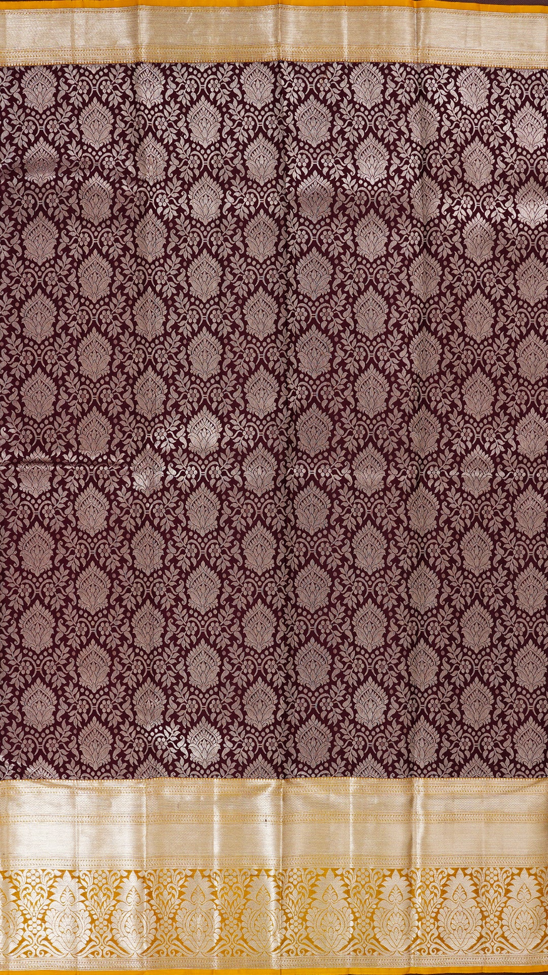 Coffee Brown and Dark Mustard Kanchipuram Silk Saree with Silver Zari Border | Elegant Kanchi Pattu Saree
