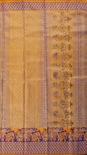 Golden Saree with Ink Blue Border and Elephant Design.