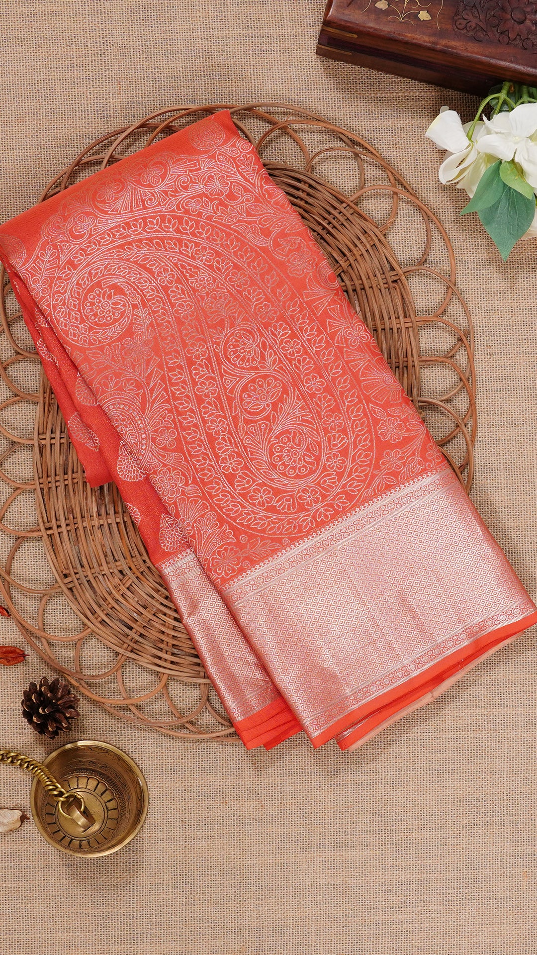 Peach Orange Silk Saree with Silver Butta and Subtle Borders