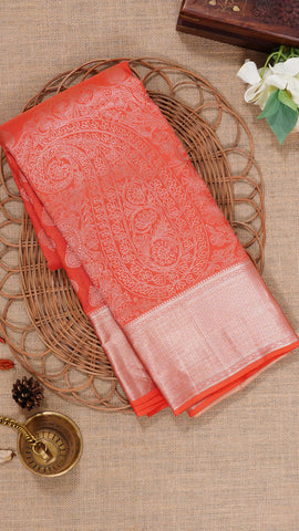 Peach Orange Silk Saree with Silver Butta and Subtle Borders