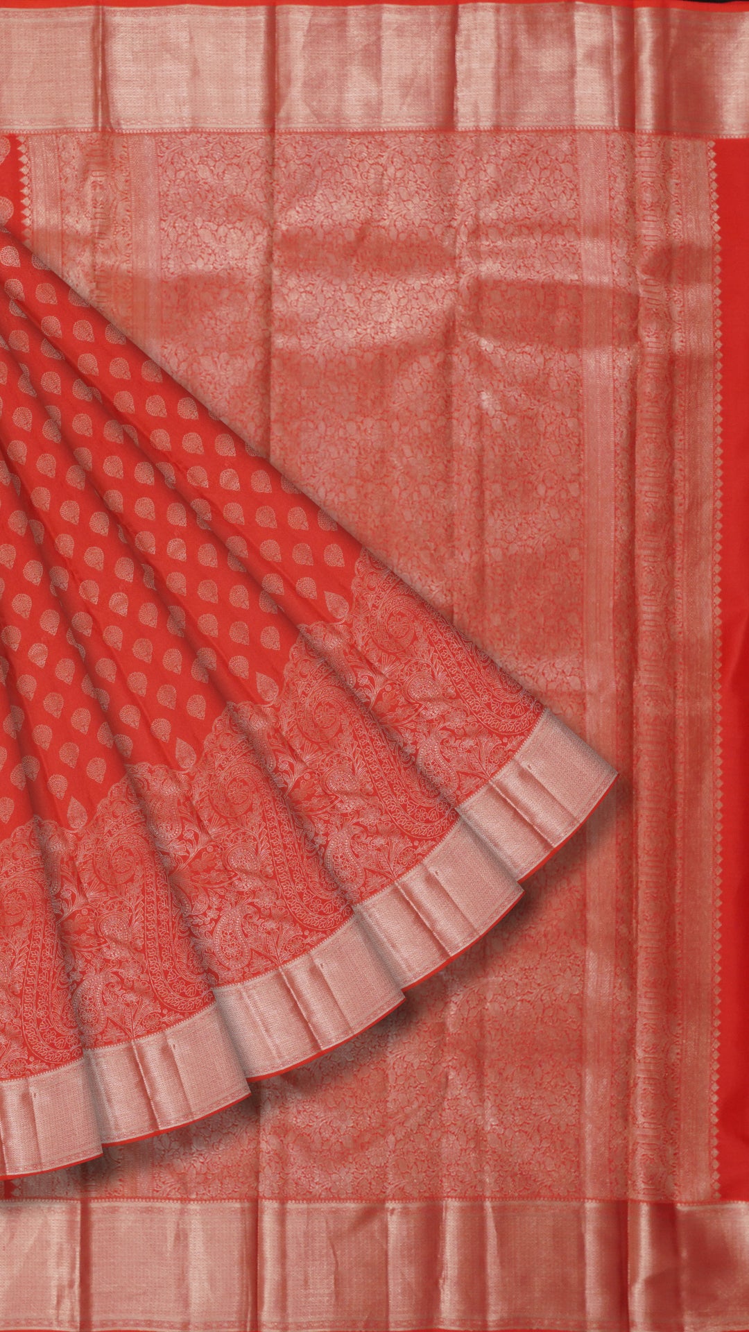 Peach Orange Silk Saree with Silver Butta and Subtle Borders