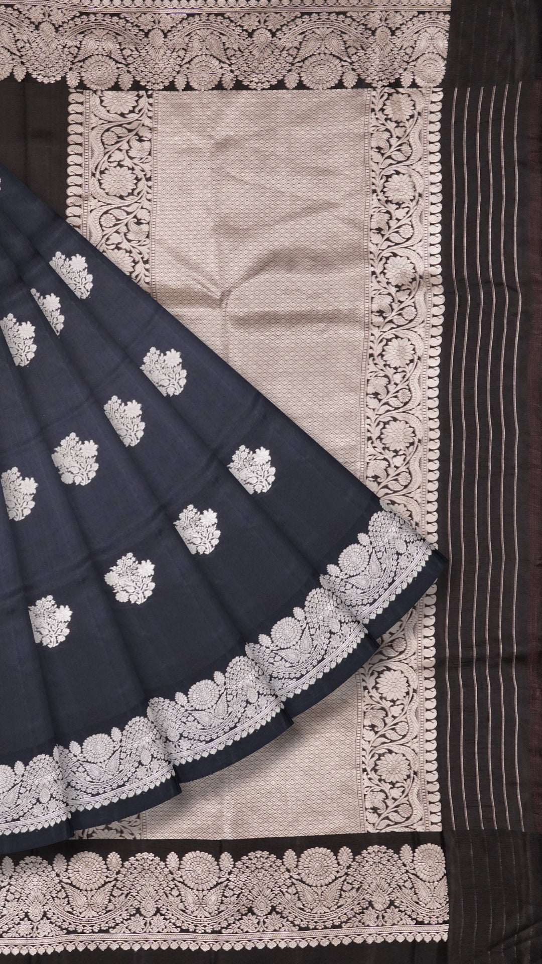 Black Raw Mango Silk Saree with Silver Buttas & Border