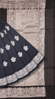 Black Raw Mango Silk Saree with Silver Buttas & Border
